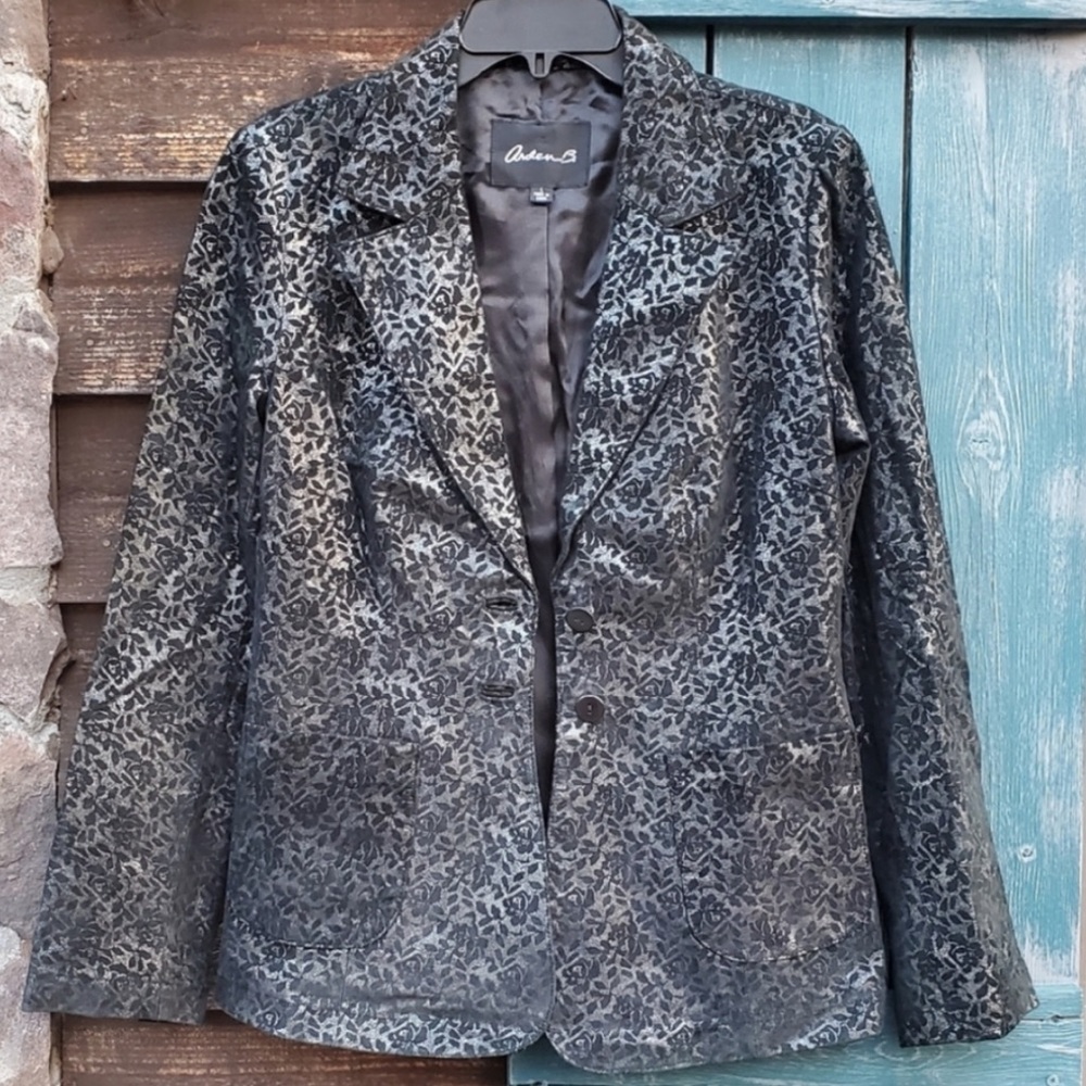 Arden B 100% Real Leather Floral Blazer Jacket Sz L Gray Black Sliver unique